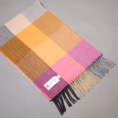 Pure merino wool scarf with pink and orange block check pattern