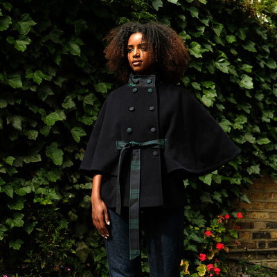 Wool and Cashmere blend Cape in Navy with Black Watch trimmings