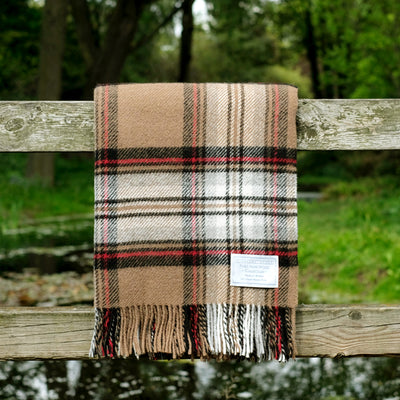 Pure Wool Scottish Blanket Throw in Camel Stewart Tartan