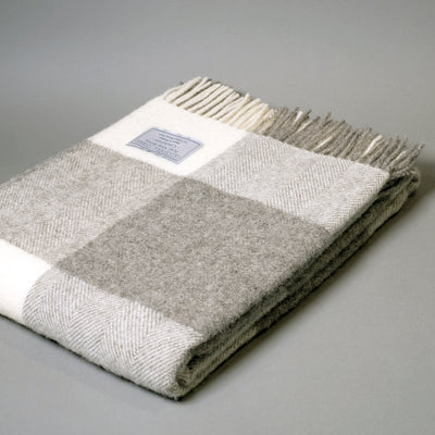Undyed Pure New Wool Block Check Blanket in Grey and Cream
