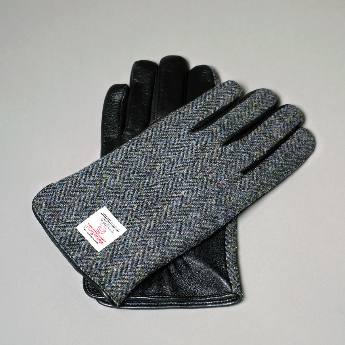 Mens Gloves - Black Leather - Harris Tweed Grey Herringbone