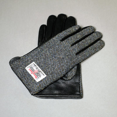 Grey Harris Tweed and Black Leather Womens Gloves