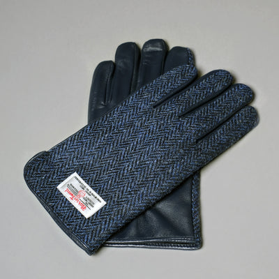 Navy Harris Tweed & Leather Mens Gloves