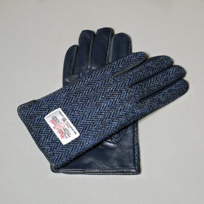 Navy Harris Tweed and Leather Womens Gloves