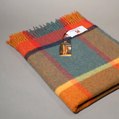 John Hanly Lambswool blanket in Orange Green and Yellow Check