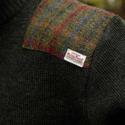 Military style Jersey with Harris Tweed shoulder patches in dark green