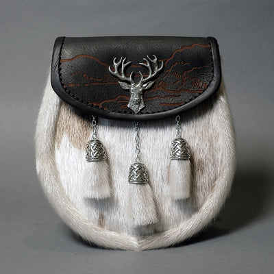 Seal Fur and Saddle Leather Semi-Dress Sporran with Stag Head Emblem