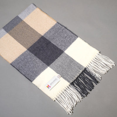 Pure merino wool scarf with camel ecru and grey block check pattern