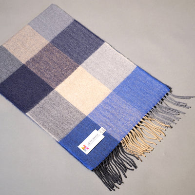 Pure merino wool scarf in blue and beige block check
