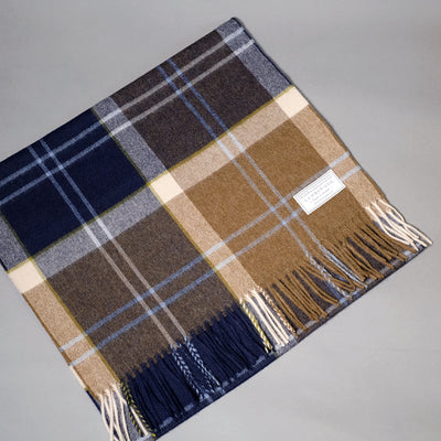 Lambswool Shawl in Camel and Navy Check