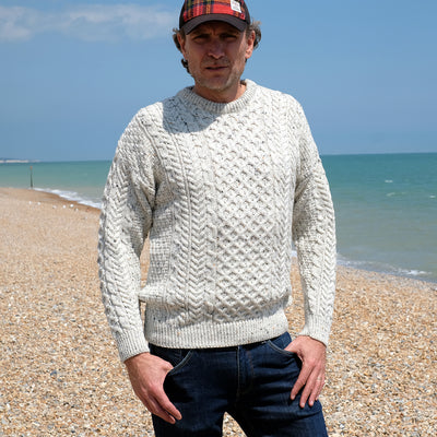 Traditional Aran crew neck sweater in Ecru