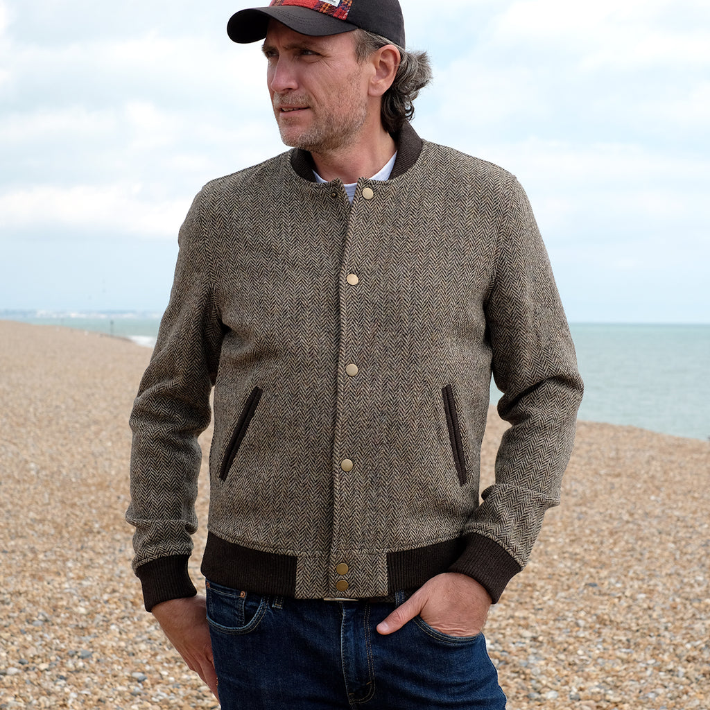 Harris Tweed Bomber Jacket in Brown Herringbone