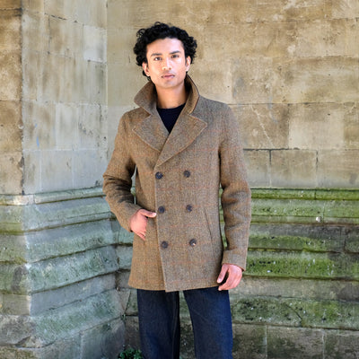 Harris Tweed Peacoat in Green Herringbone