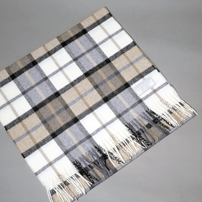 Lambswool Shawl in White Beige and Grey Check