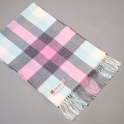 Pure merino wool scarf in turquoise pink grey and ecru check