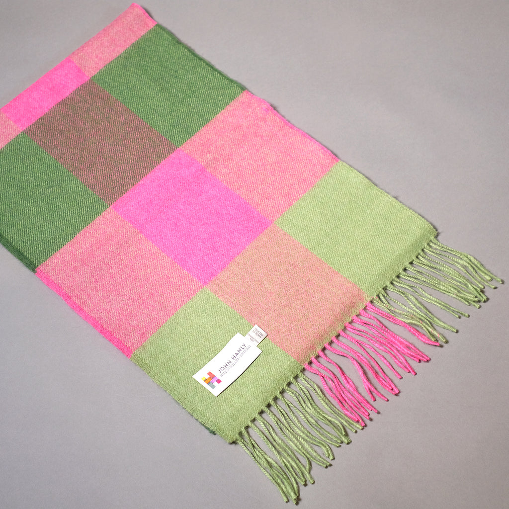 Pure merino wool scarf in pink and green block check