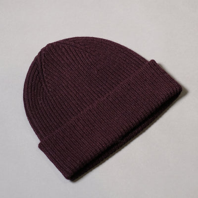 Pure Wool Beanie Hat in Dark Plum