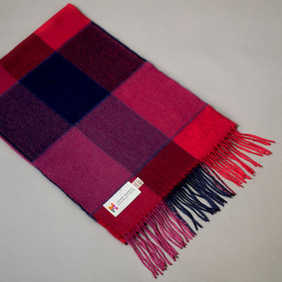 Pure merino wool scarf in red navy and fuchsia block check