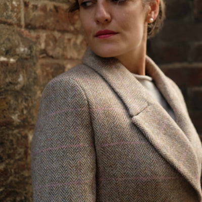 Womans Harris Tweed Coat in Beige Herringbone
