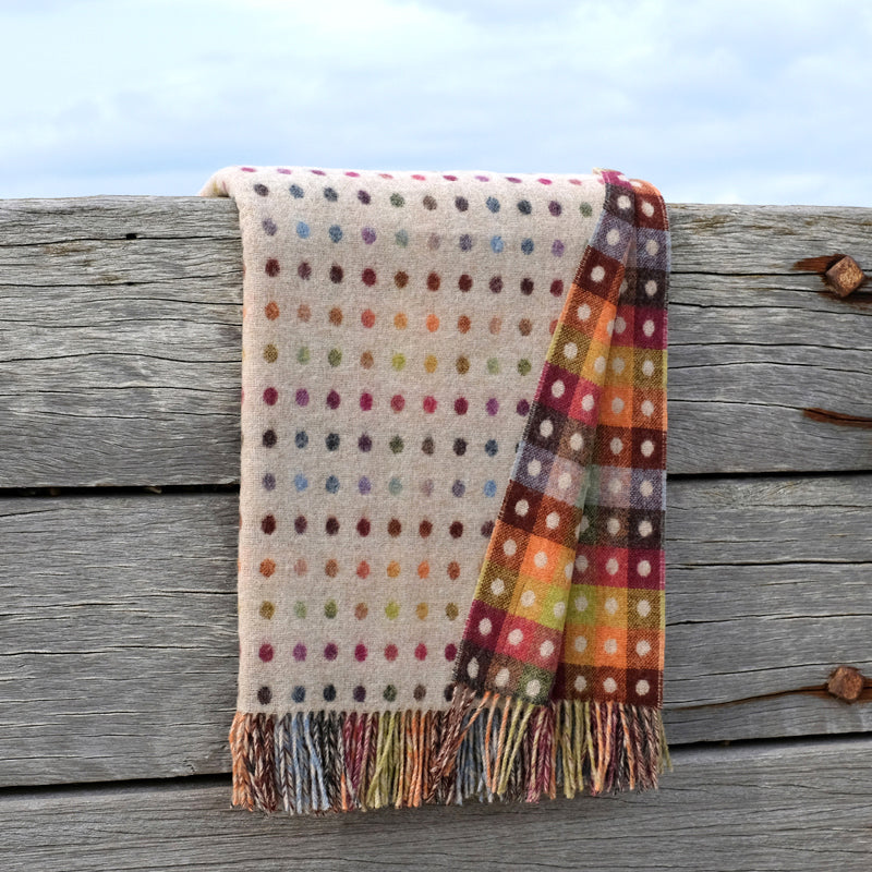 100% Beige Merino Throw Blanket,Multicolour Merino Wool Throw,Multi spot Merino Wool Throw,Wool Blanket,,Bronte by Moon Made high quality in England