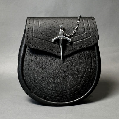 Black Embossed Leather Day Sporran with Sword Pin Clasp