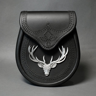 Black Saddle Leather Semi Dress Sporran with Large Stag Head Emblem