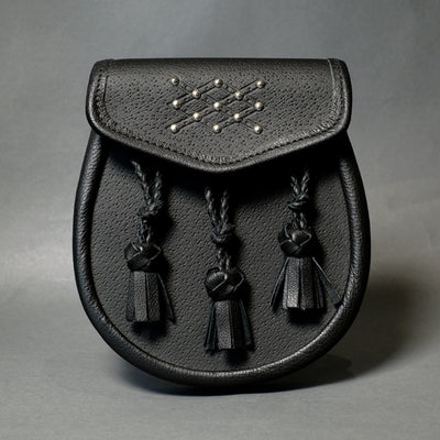 Black Studded Leather Day Sporran with Braided Tassels