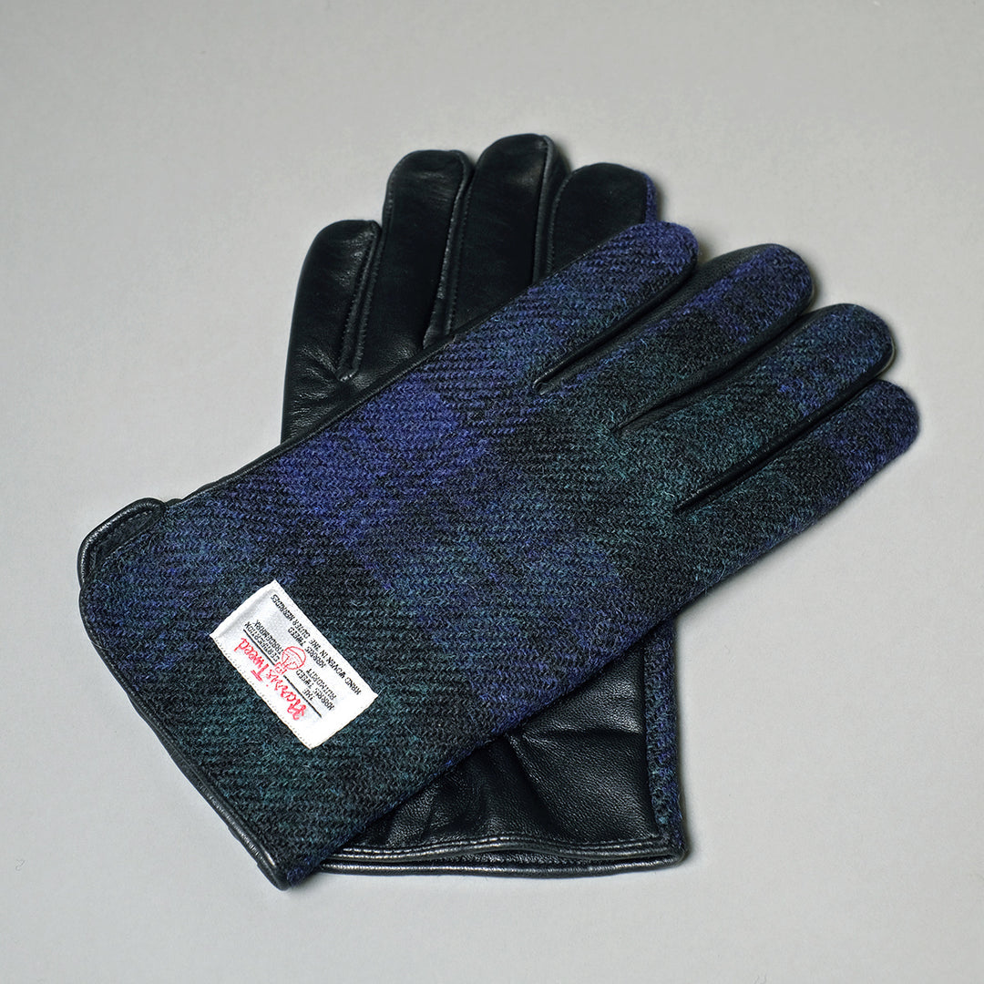 Black Watch Harris Tweed Black Leather Mens Gloves