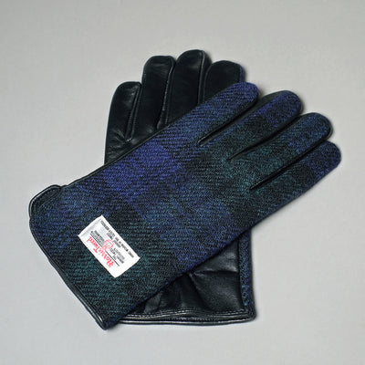 Black Watch Harris Tweed & Black Leather Mens Gloves