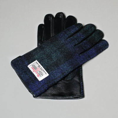 Black Watch Harris Tweed and Black Leather Womens Gloves