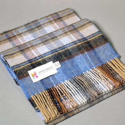 Pure Wool Scarf in Blue, Camel & Brown Check