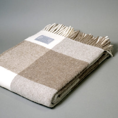 Undyed Pure New Wool Block Check Blanket in Brown and Cream