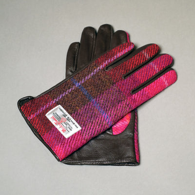 Pink Harris Tweed and Brown Leather Womens Gloves