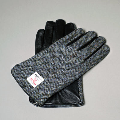 Grey Harris Tweed & Black Leather Mens Gloves