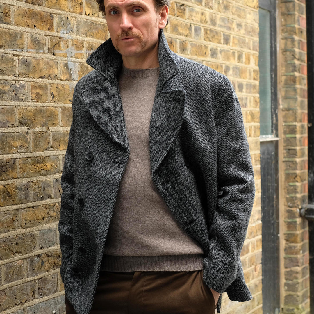 Grey Wool Coat Light Gray Peacoat Mens Men's Harris Tweed Peacoat