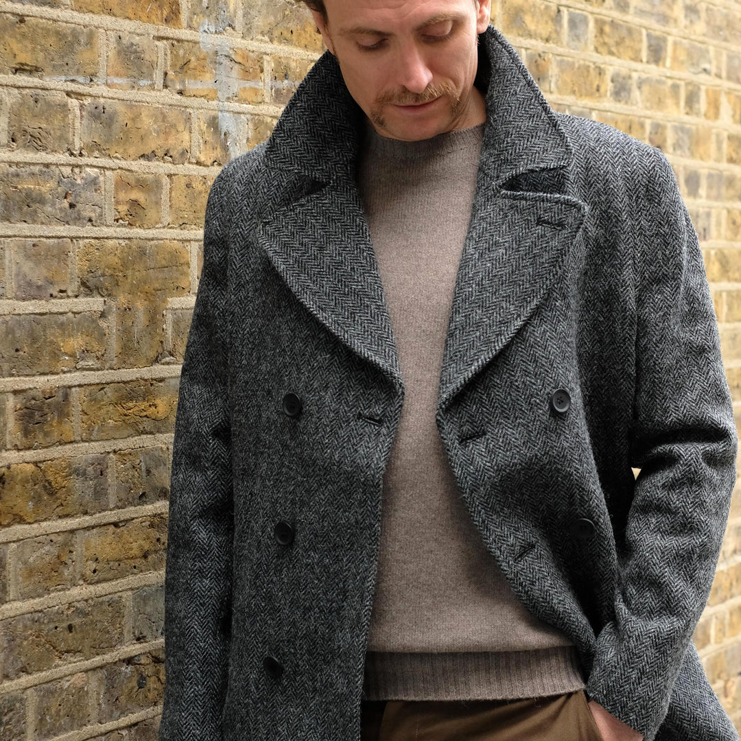 Men s Harris Tweed Peacoat Jacket in Grey Handmade in London Highland Store