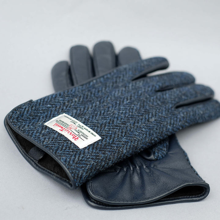 Mens Gloves - Dark Blue Leather - Harris Tweed Navy Herringbone