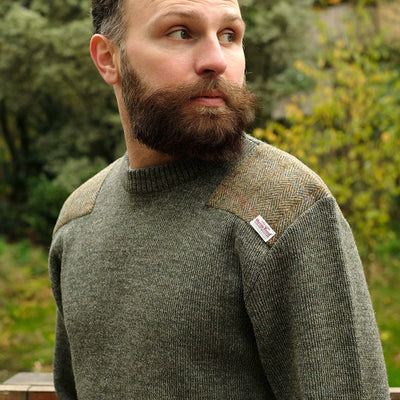 Military style Jersey with Harris Tweed shoulder patches in light green
