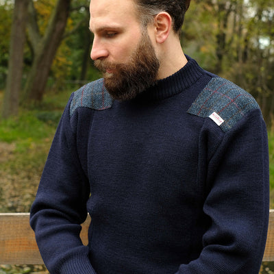 Military style Jersey with Harris Tweed shoulder patches in navy