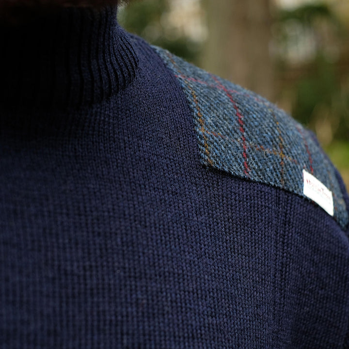 Military Style Men s Wool Jumper with Shoulder Patches Navy Blue Highland Store