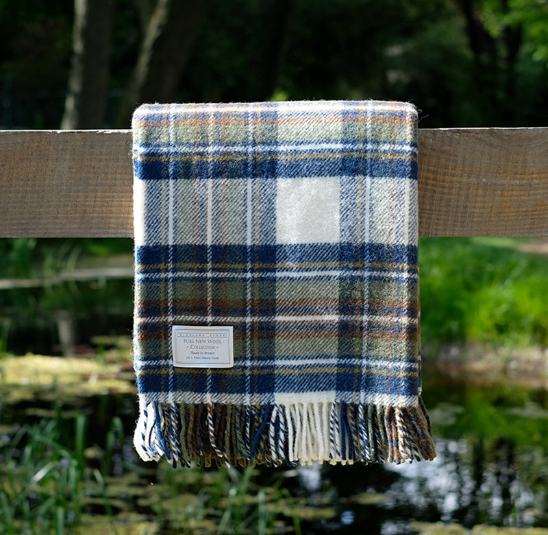 Pure Wool Blanket in Muted Blue Stewart Tartan - Thumbnail 2