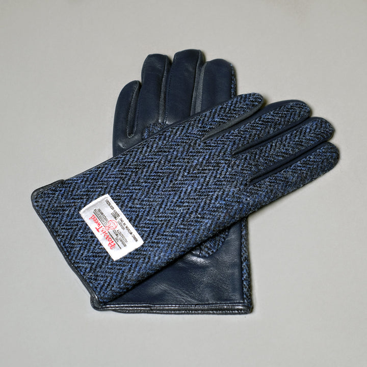 小物 GuruGuru Hairy Gloves (NAVY) Womens Harris Tweed and Leather Gloves - Navy Herringbone