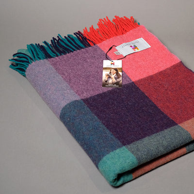 John Hanly Lambswool blanket in Pink Green and Purple Block Check