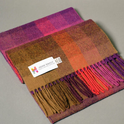 Pure Wool Scarf in Camel, Purple & Red Check