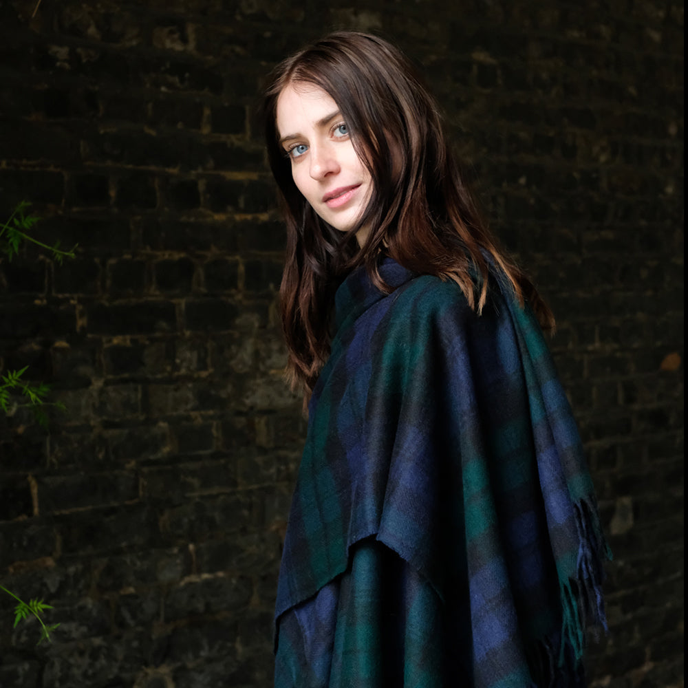 Merino Lambswool Poncho - Merino Shawl - Black Watch Tartan – Highland ...