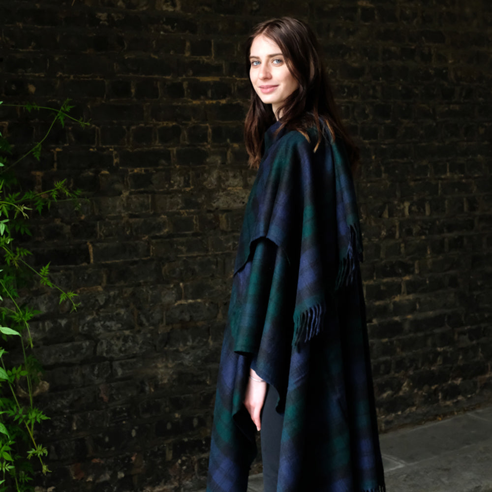 Merino Lambswool Poncho - Merino Shawl - Black Watch Tartan – Highland ...