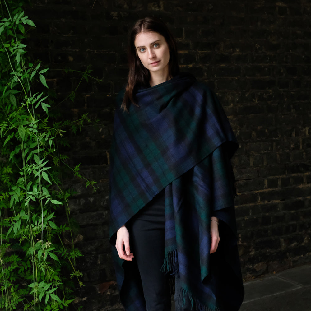 Merino Lambswool Poncho - Merino Shawl - Black Watch Tartan – Highland ...